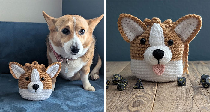 Brown and white crocheted corgi masterpiece beside a real corgi, showcasing detailed crochet craftsmanship and adorable design.