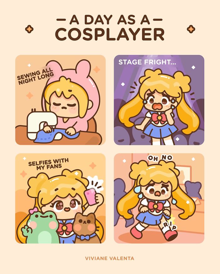 Cute cosplay girl with food puns and adorable frogs in colorful illustrations by Viviane Valenta.