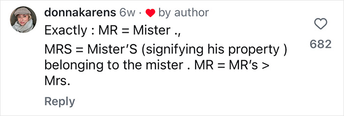 Comment by user donnakarens explaining the difference between MR and MRS in a viral clip about marriage advice.