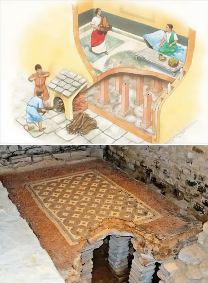 Ancient Roman hypocaust heating system illustration and archaeological remains showing architecture and archaeology news.