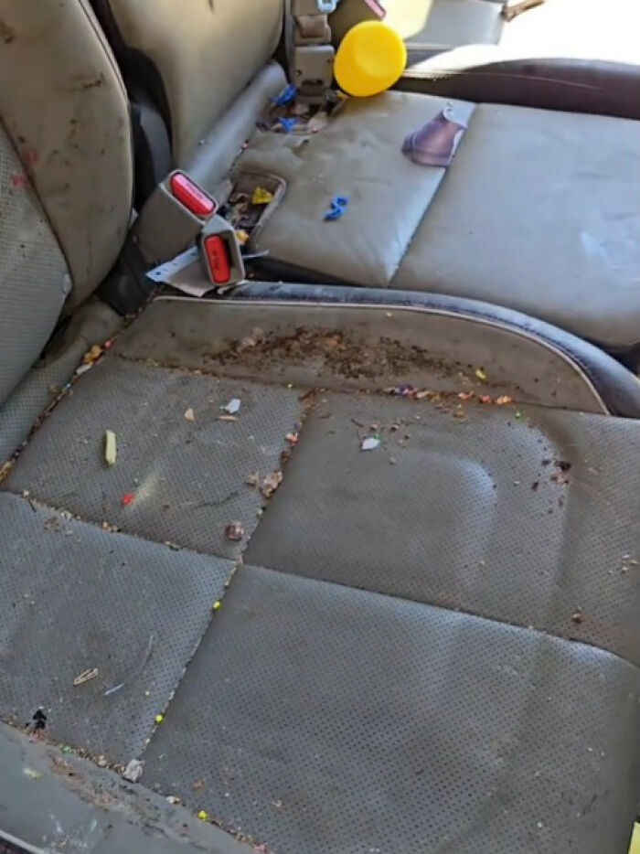 Dirty car interior with trash and stains on the seats, highlighting a woman cleaning out filthy car reaction online.