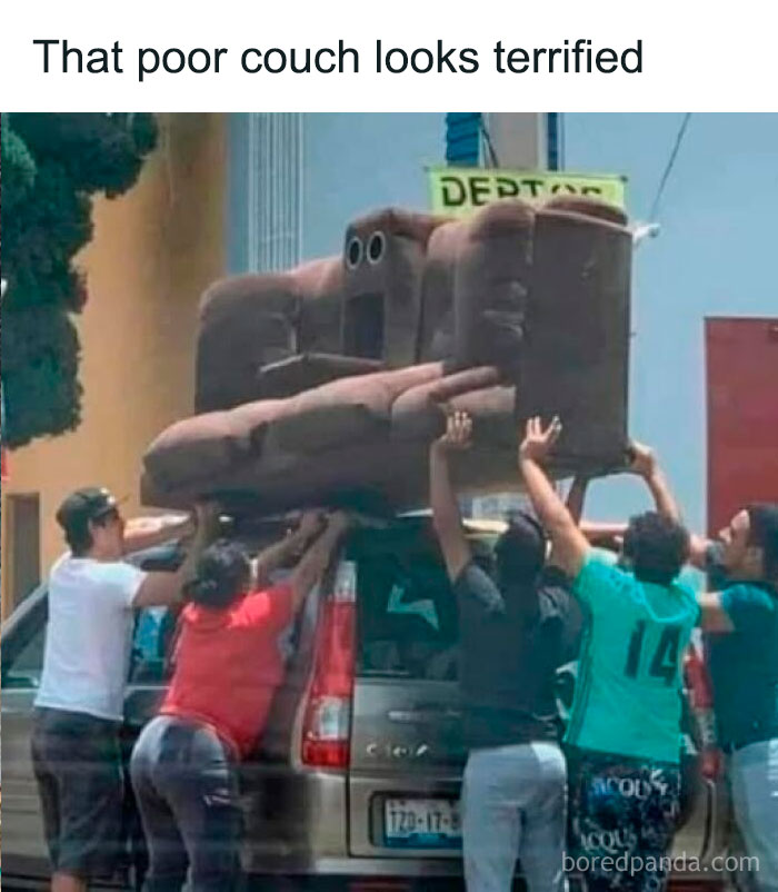 Group of people lifting a large couch with faces, humorous meme related to daily laughs and improving your day.