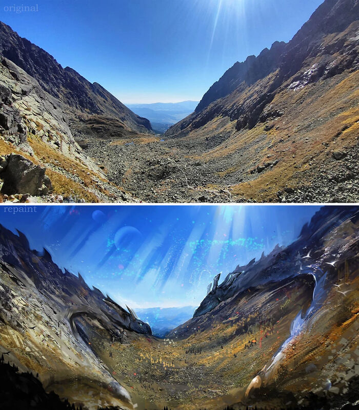 Mountain valley transformed by artist repainting photos to reveal a fantastical world filled with dragons and cosmic elements.