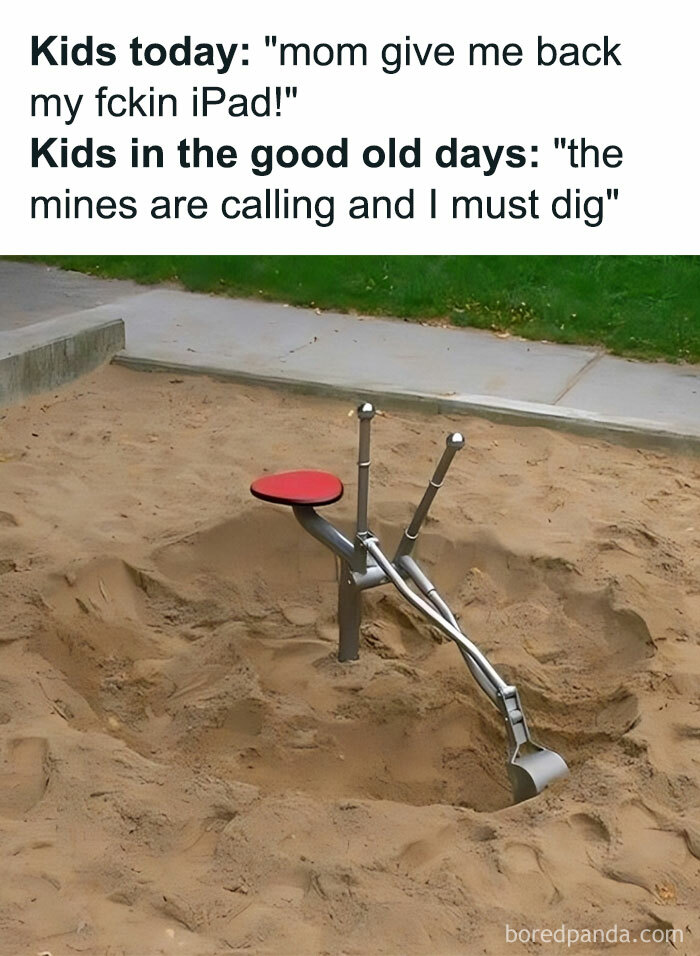 Playground digging machine in sand with funny meme about kids and relatable silly memes from Instagram account.