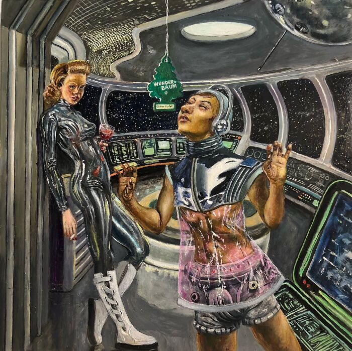 Two futuristic figures in a spaceship cockpit illustrating humorous layers and social tensions through art of contradiction.