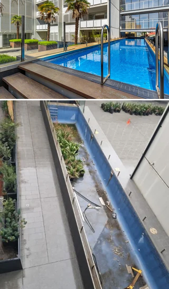 Comparison of a well-maintained pool and a neglected, empty pool showing bad landlords in rental properties.