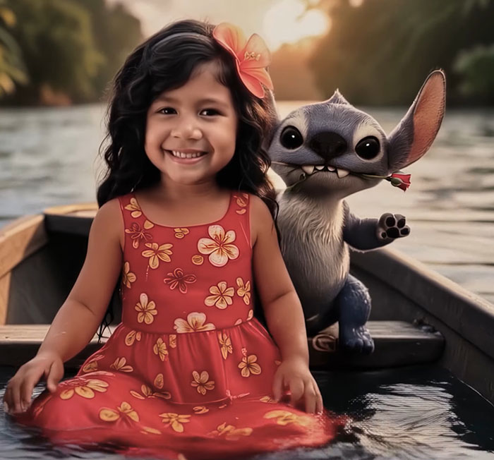 Young girl with flower in hair sitting with Stitch character in boat, Disney fans debate character look change in live-action.