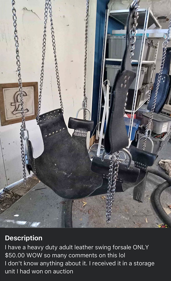 Heavy duty adult leather swing with metal chains hanging indoors, one of the wildest things found for sale on Facebook Marketplace