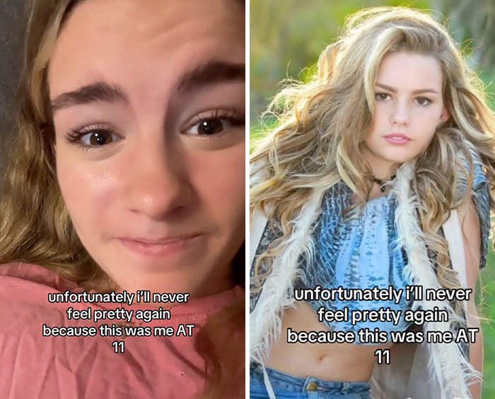 Side-by-side photos showing a girl reflecting on her appearance as part of the glow downs trend shared by people.
