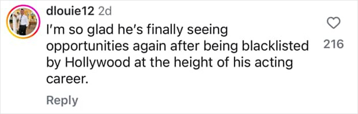 Comment from user dlouie12 expressing gratitude that Brendan Fraser is seeing opportunities again after being blacklisted in Hollywood.