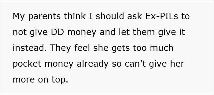 Text showing parents asking ex-in-laws to stop giving kid money due to jealousy and generosity concerns.