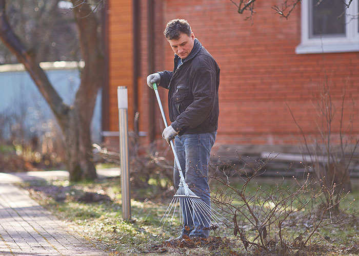 Man raking leaves in a yard during fall, illustrating everyday activities linked to common pathetic injuries.