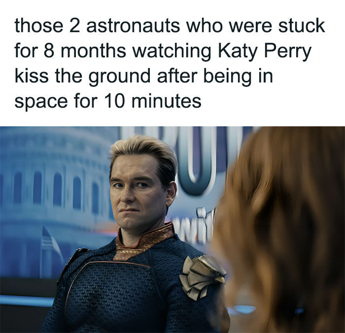 Meme showing a superhero looking annoyed with a caption about astronauts stuck watching a music video, vegan meme humor.