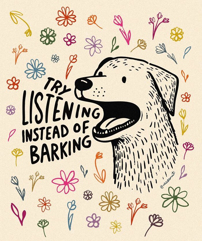 Illustration of a dog surrounded by colorful flowers with text promoting listening in art therapy expression.