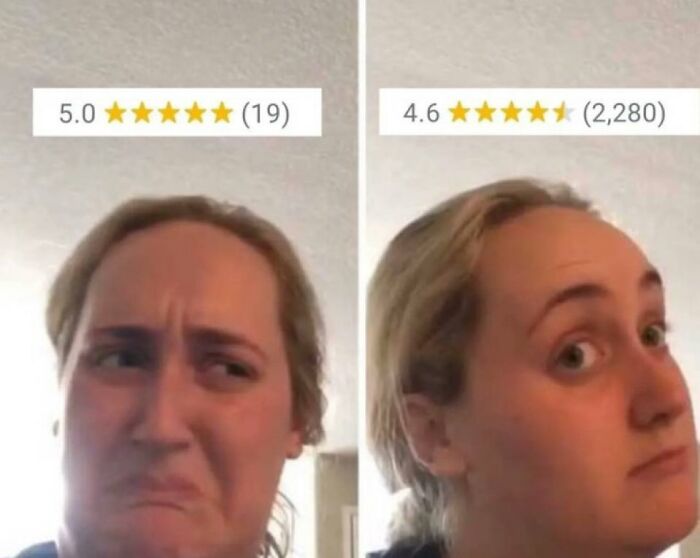 Woman making confused and skeptical faces in a meme review with star ratings, illustrating chaotic memes humor.