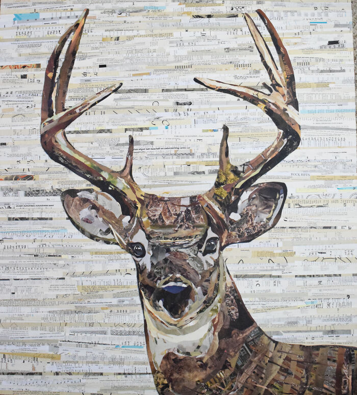 Collage art photo manipulation of a deer with large antlers made from layered paper strips and textures.