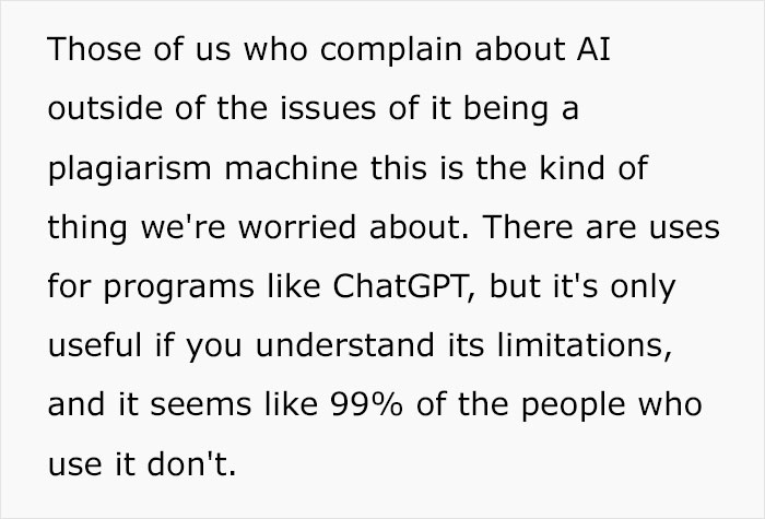Text about concerns with AI using ChatGPT and issues of plagiarism, highlighting misunderstandings of AI limitations.