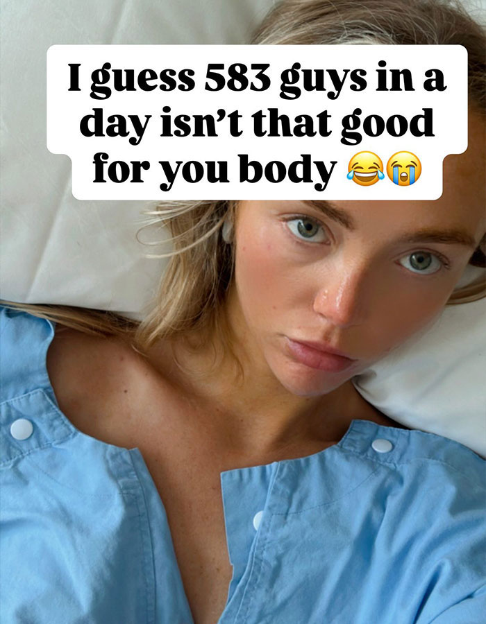 Young woman in a hospital gown sharing a bleeding update after risky activity with 583 men in 6 hours.