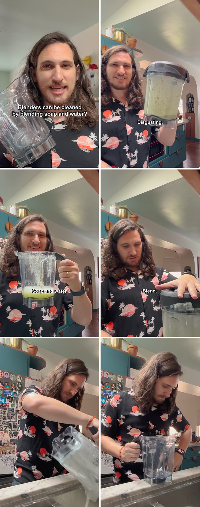 Man demonstrates how to clean a blender with soap and water, sharing useful things you may want to know in your 30s.