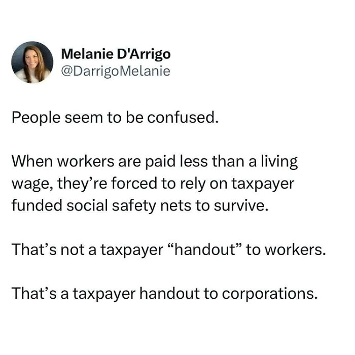 Tweet discussing facepalm moment about workers paid less than living wage relying on taxpayer-funded social safety nets.