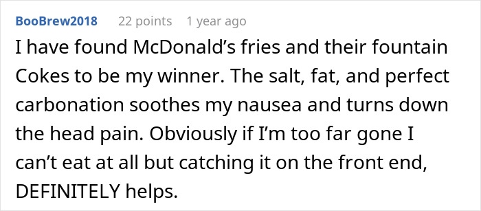 User comment about how McDonald&rsquo;s fries and fountain Diet Coke may help soothe migraine nausea and head pain.