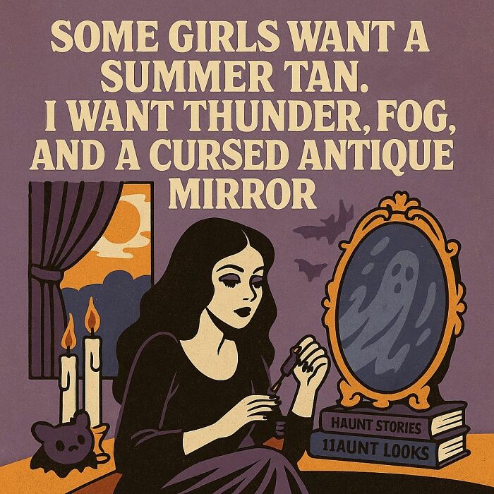 Illustration of a girl with dark hair and a cursed antique mirror, surrounded by candles and spooky decor, cute and wholesome vibes.