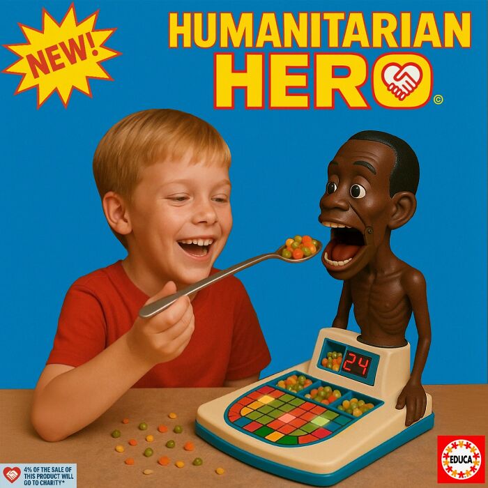 Child feeding a dark-skinned toy with a sinister design, part of a series of hilariously dark toys not meant for kids.