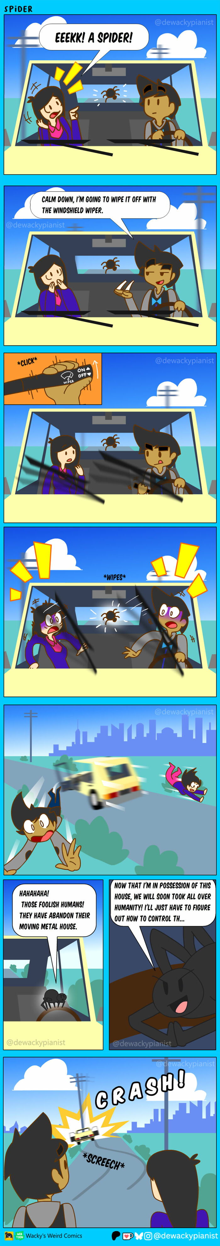 Chaotic and hilarious comic panels about a spider causing trouble inside a car, leading to a wild escape.