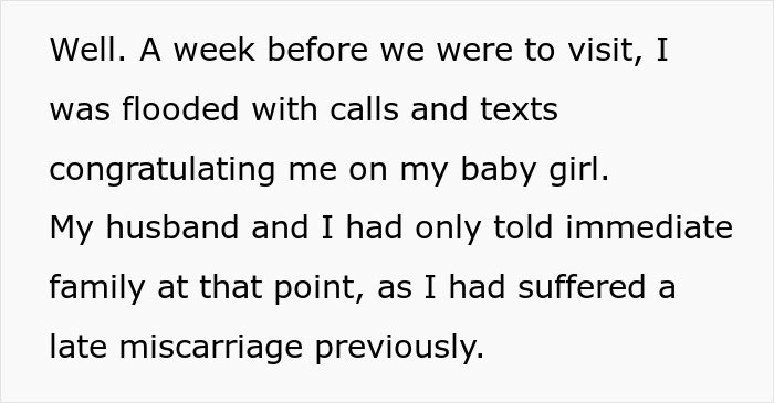 Text excerpt about pregnancy announcement amid previous miscarriage, highlighting mom stealing daughter's news to avoid gender reveal party.
