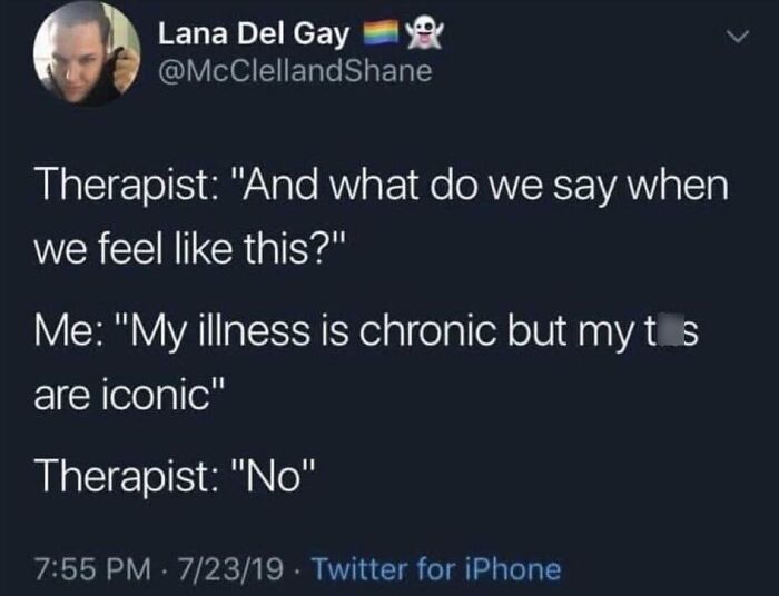 Screenshot of a humorous Twitter exchange about chronic illness and mental breakdowns, part of funny pics collection.