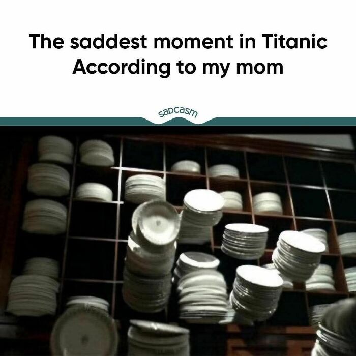 Stack of plates falling from shelves illustrating a funny meme about a hard day and sad moments.