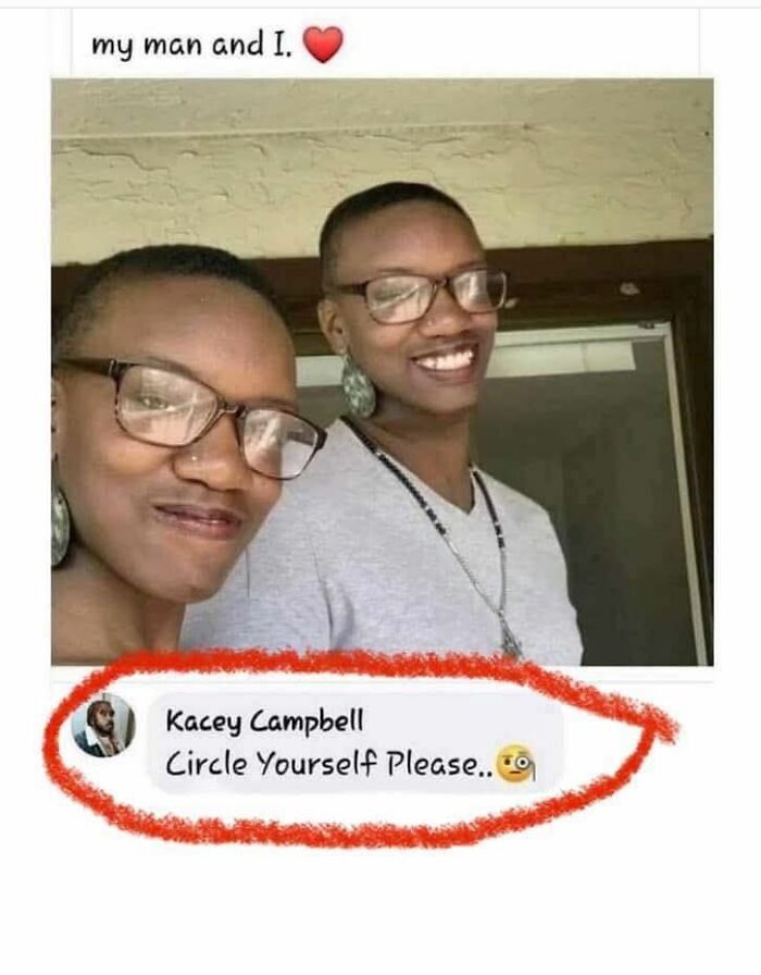 Two smiling people wearing glasses with a humorous comment, part of funny random memes to make you giggle.