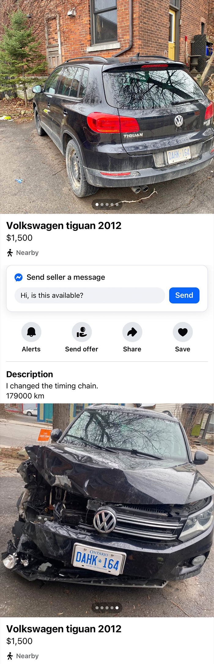 Black 2012 Volkswagen Tiguan with front-end damage listed for sale on Facebook Marketplace in a residential area.