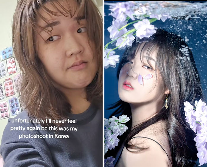 Side-by-side photos highlighting the glow downs trend with a casual selfie and a styled photoshoot portrait.