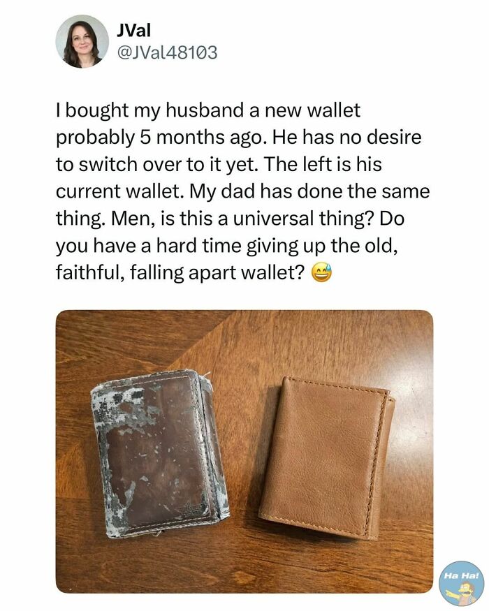 Twitter post showing worn-out and new wallets with a humorous caption about men's attachment to old wallets in mocking posts jokes memes.