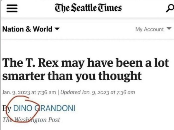 Screenshot of a Seattle Times article with a headline about T. Rex intelligence, shared as a chaotic meme for boredom relief.