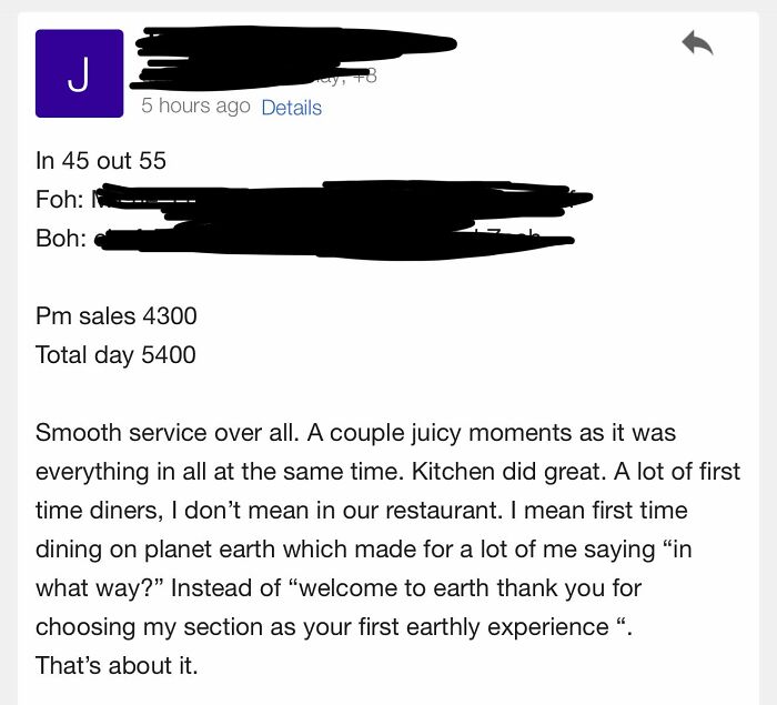 Screenshot of a hospitality worker's message describing smooth service and humorous moments in hospitality work.
