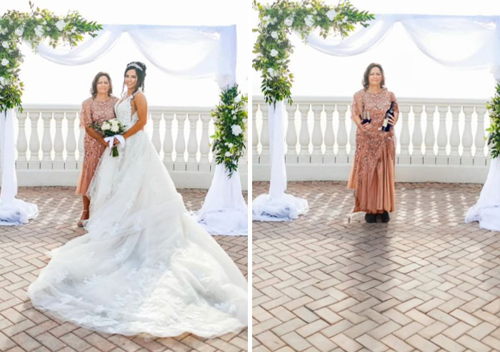 Woman in a wedding dress with a guest edited out humorously in hilarious Photoshop edits by an artist taking requests literally