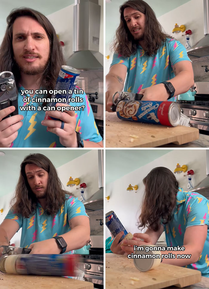 Man demonstrating how to open a tin of cinnamon rolls with a can opener in a home kitchen setting.