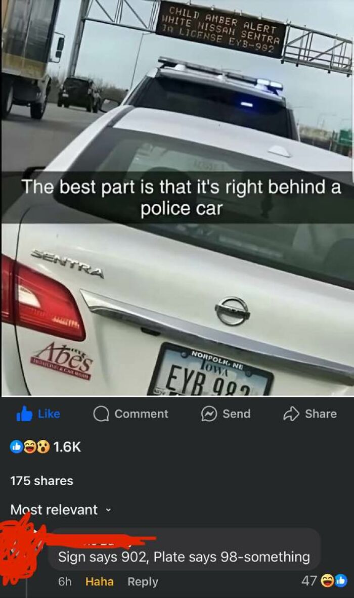 White Nissan Sentra with Iowa license plate behind a police car, featured in an online group shaming overconfident know-it-alls.