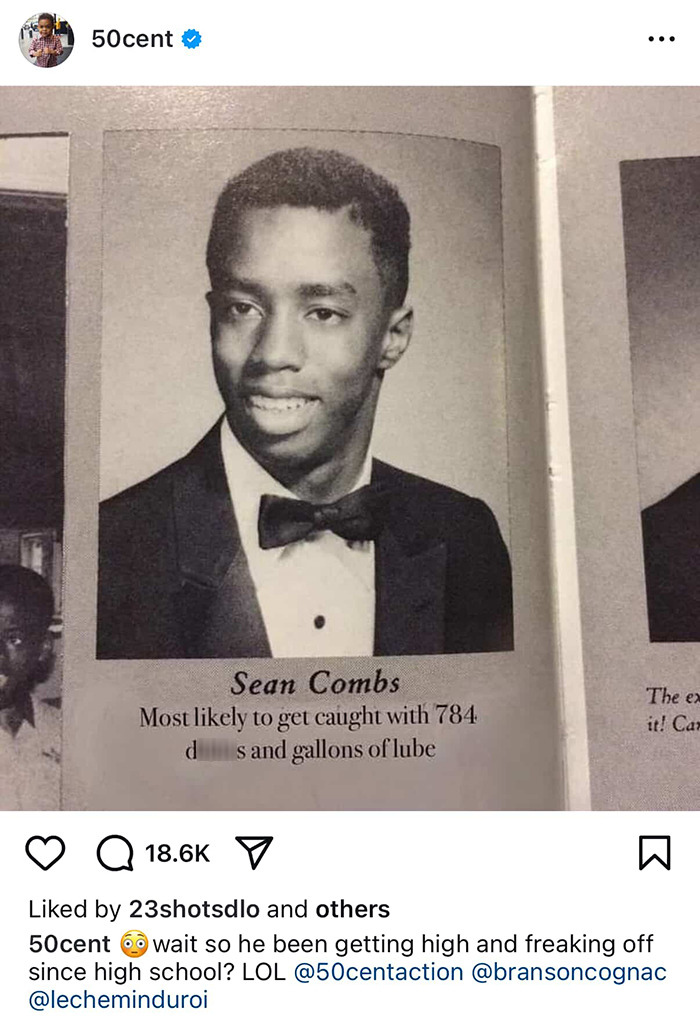 50 Cent posting a vintage photo of Sean Combs wearing a tuxedo, referencing Free Diddy shirts and Cassie's mother.
