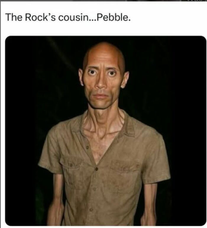 Sarcastic meme featuring a very thin man labeled as The Rock’s cousin Pebble, shared on a Facebook account.