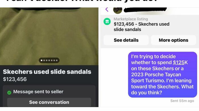 Screenshot of a Facebook Marketplace listing for used Skechers slide sandals priced at $123,456 with buyer-seller chat.