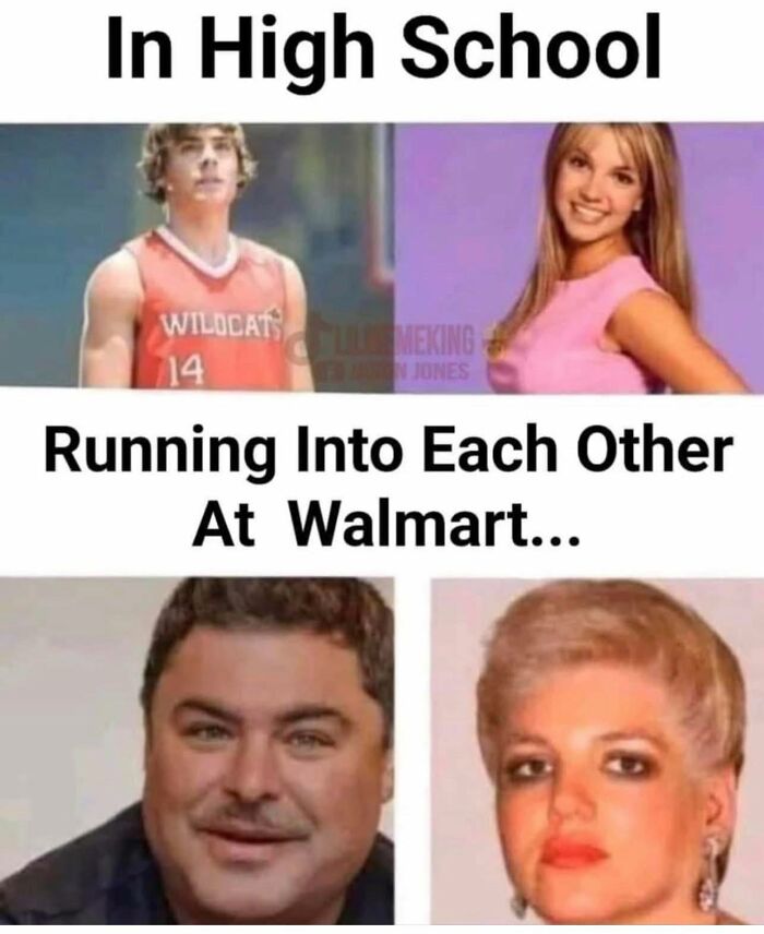 Funny post showing contrasting high school and Walmart selfies, capturing humor in everyday relatable moments to share with friends.