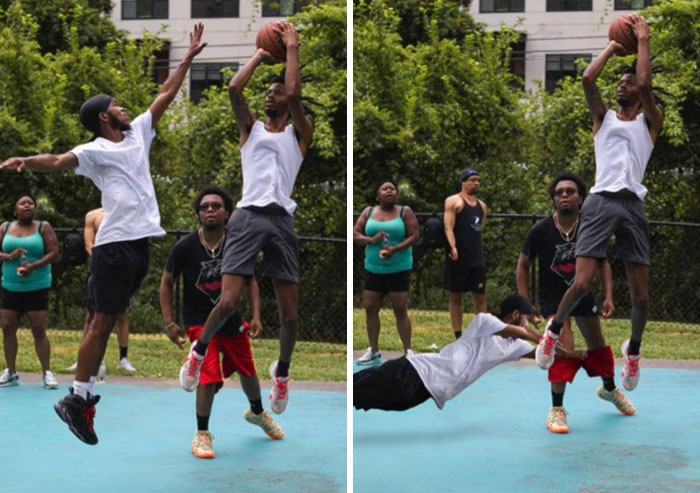 Two men playing basketball outside during the day, showcasing hilarious Photoshop edits with literal photo request interpretations.