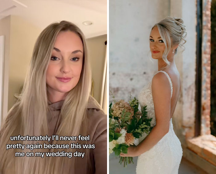 Side-by-side images of a woman showing a glow down with casual and wedding day looks, illustrating the glow down trend.
