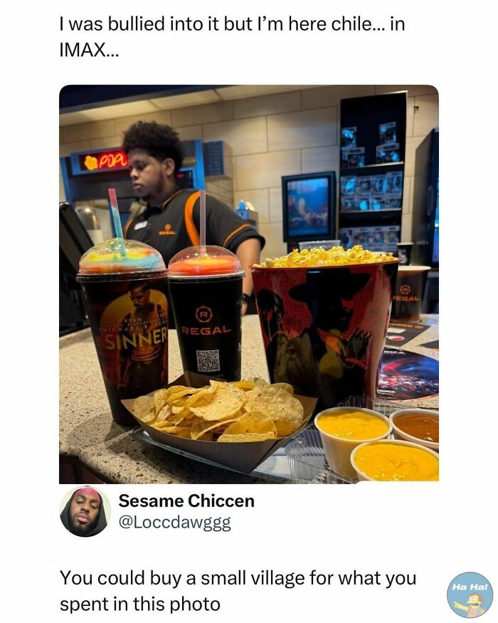 Movie snacks with drinks, popcorn, and chips at a theater counter, featured in mocking posts jokes memes.