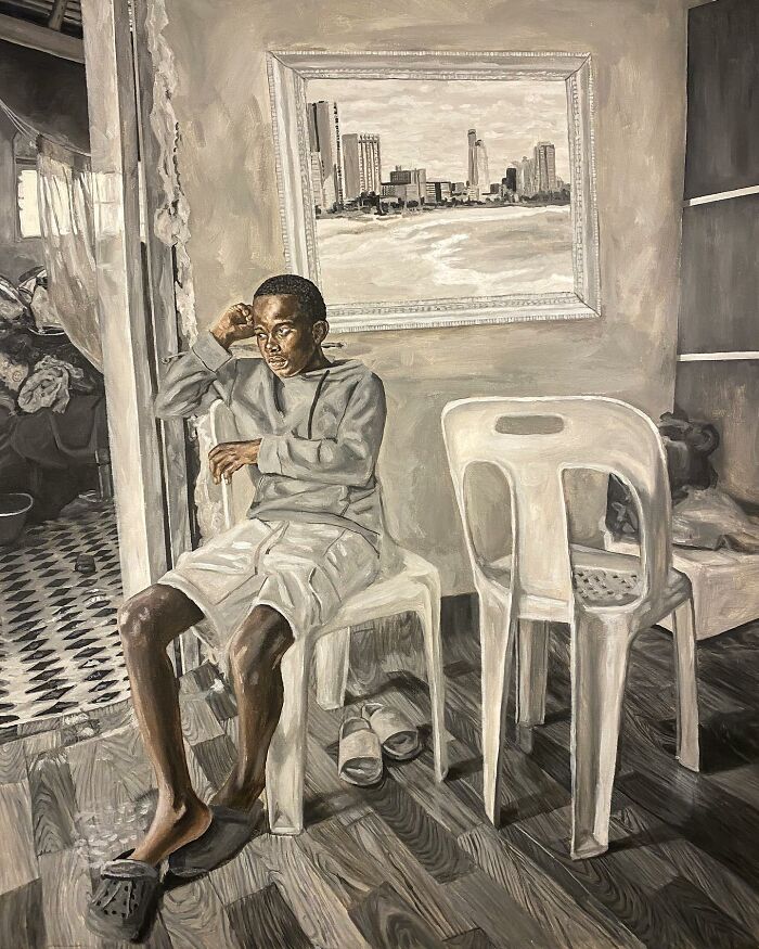 Boy sitting on a plastic chair in a monochrome painting exploring colours, space, and identity by the artist.