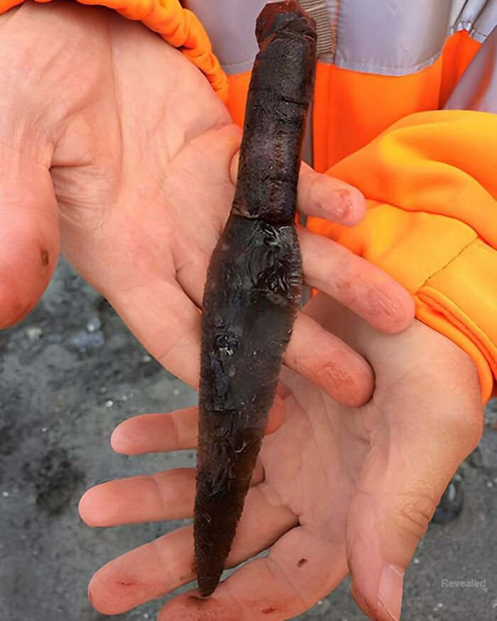 Ancient history artifact held in hands, showing a rusty, corroded knife or dagger from an archaeological find.