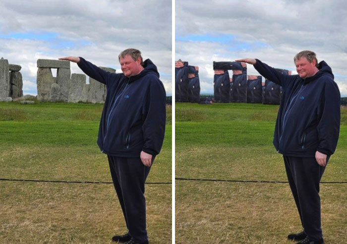 Man posing at Stonehenge with humorous Photoshop edits; creative and hilarious Photoshop edits showing literal photo requests.
